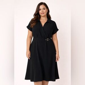 Ralph Lauren Black Label Black Collared Faux Wrap-Style Midi Dress Size 18